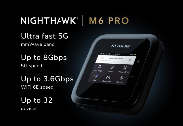 Nighthawk® M6 Pro+ 5G mmWave WiFi 6E Mobile Hotspot Router, Up to 8Gbps, Unlocked (MR6550)