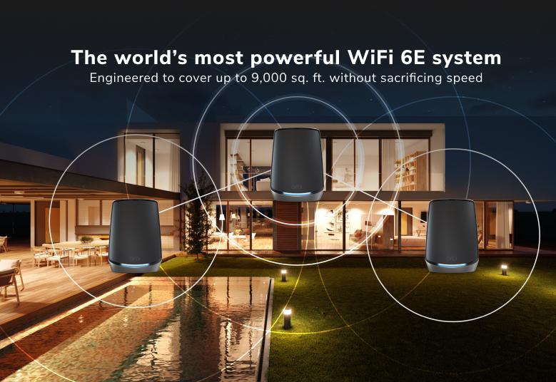 AXE11000 Mesh WiFi System (RBKE963B) Orbi 960 Series Quad-Band WiFi 6E Mesh System, 10.8Gbps, 10 Gig Port, 3-Pack, Black Edition