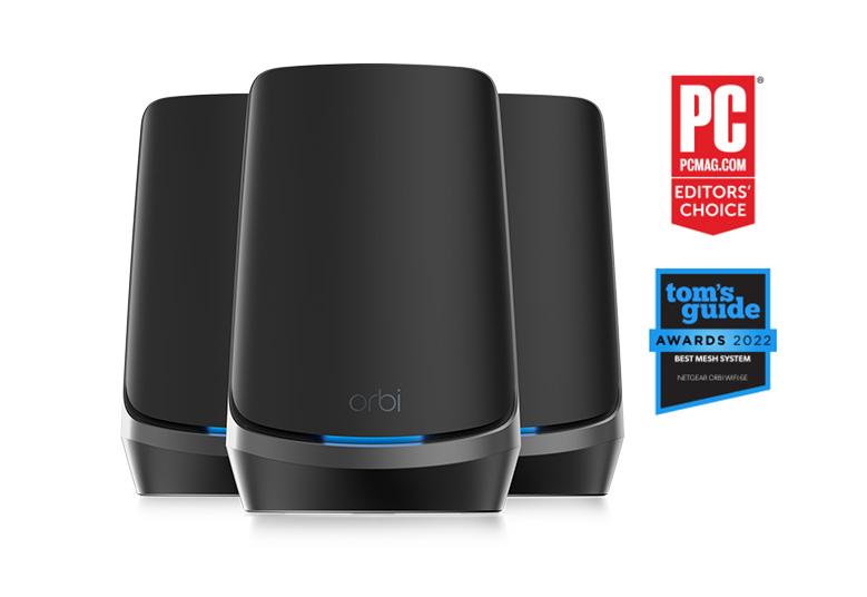 AXE11000 Mesh WiFi System (RBKE963B) Orbi 960 Series Quad-Band WiFi 6E Mesh System, 10.8Gbps, 10 Gig Port, 3-Pack, Black Edition