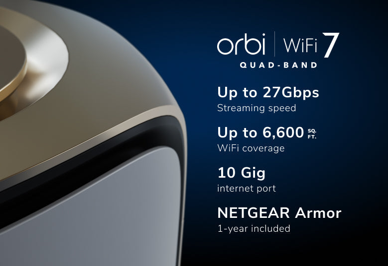 Orbi (RBE972S) 四頻 BE27000 WiFi 7 Mesh 無線系統 (2件裝) - 送 1 年 NETGEAR Armor