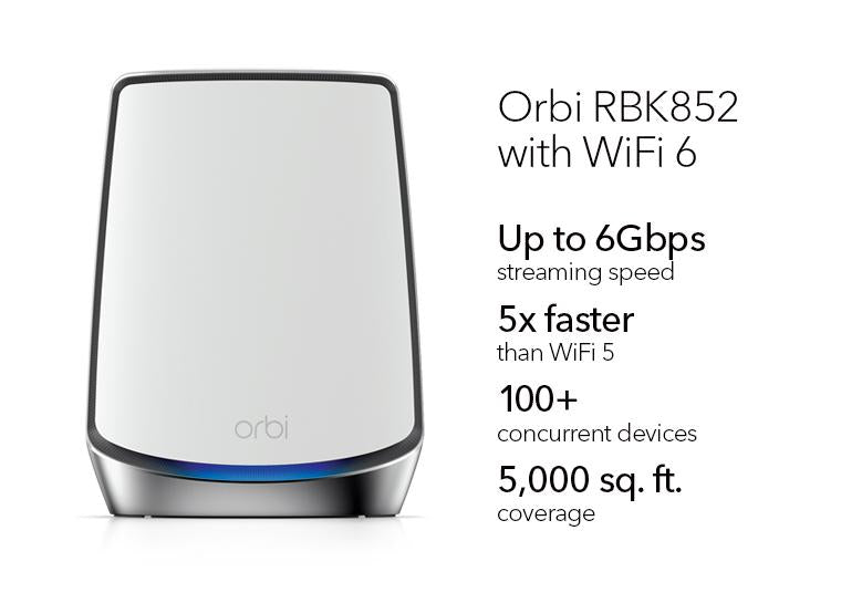 AX6000 WiFi Mesh System (RBK852) Orbi 850 Series Tri-band WiFi 6 Mesh System 6Gbps, Router + 1 Satellite