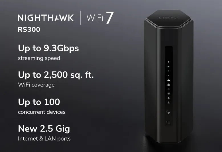Nighthawk BE9300 Tri-Band WiFi 7 Router (RS300), 9.3Gbps, 2.5 Gig Ports Internet Port